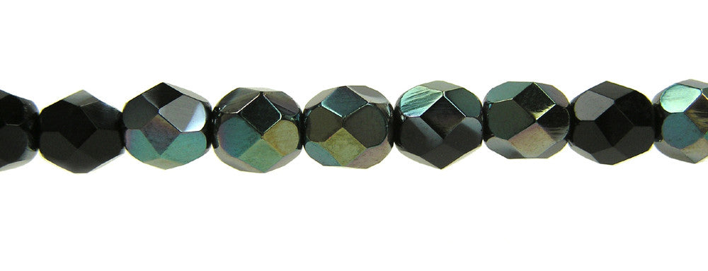 Jet Celsian Half, Czech Fire Polished Round Faceted Glass Beads, 16 inch strand