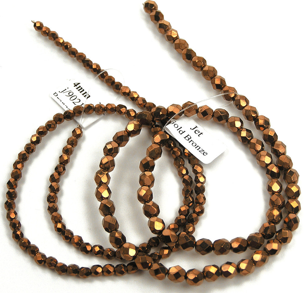 Jet Gold Bronze, Czech Fire Polished Round Faceted Glass Beads, 16 inch strand