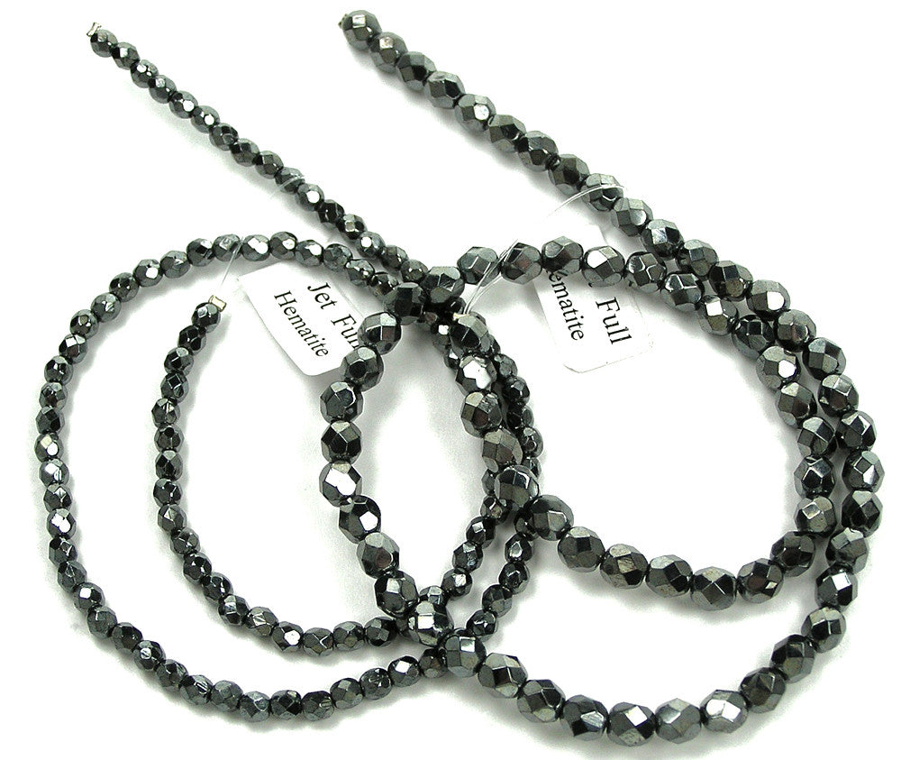 Jet Hematite fully coated Czech Fire Polished Round Faceted Glass Beads 16 inch strands or loose dark silver