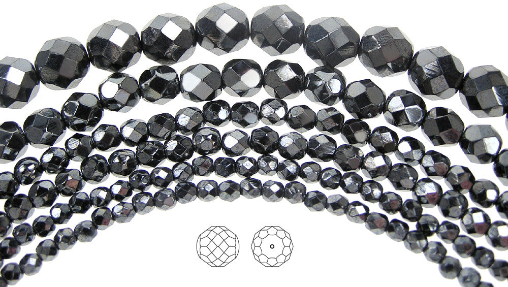 Jet Hematite fully coated, loose Czech Fire Polished Round Faceted Gla -  Crystals and Beads for Friends