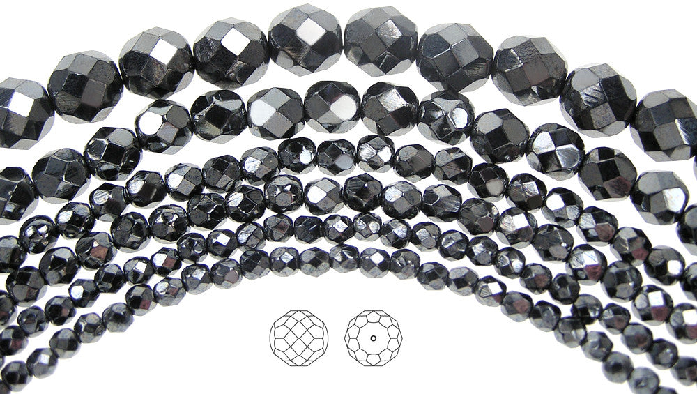 Jet Hematite fully coated Czech Fire Polished Round Faceted Glass Beads 16 inch strands or loose dark silver
