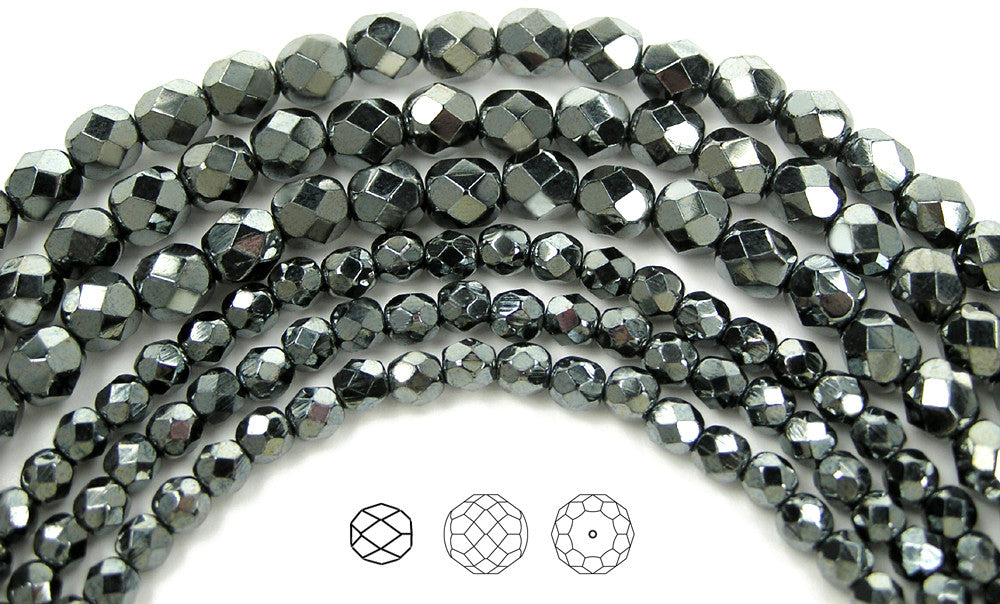 Jet Hematite fully coated, loose Czech Fire Polished Round Faceted Gla -  Crystals and Beads for Friends