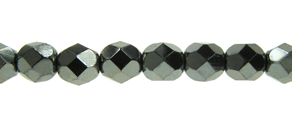 Jet Hematite fully coated Czech Fire Polished Round Faceted Glass Beads 16 inch strands or loose dark silver