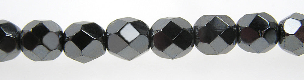 Jet Hematite fully coated Czech Fire Polished Round Faceted Glass Beads 16 inch strands or loose dark silver