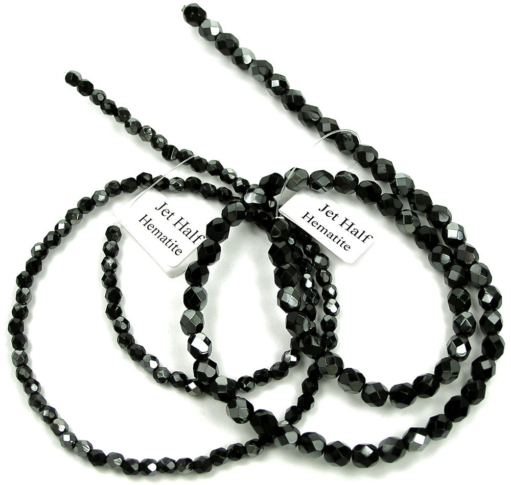 Jet Hematite Half, Czech Fire Polished Round Faceted Glass Beads, 16 inch strand