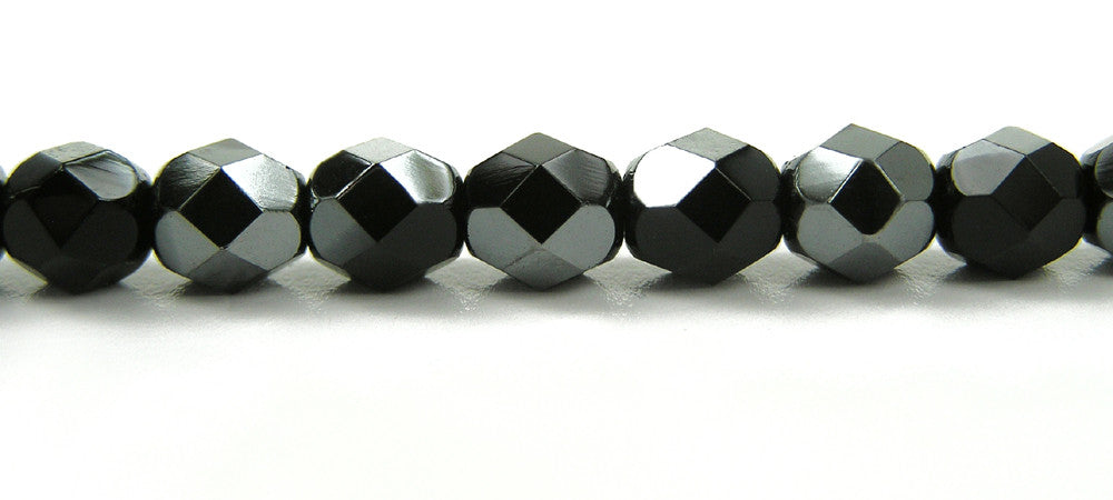 Jet Hematite Half, Czech Fire Polished Round Faceted Glass Beads, 16 inch strand