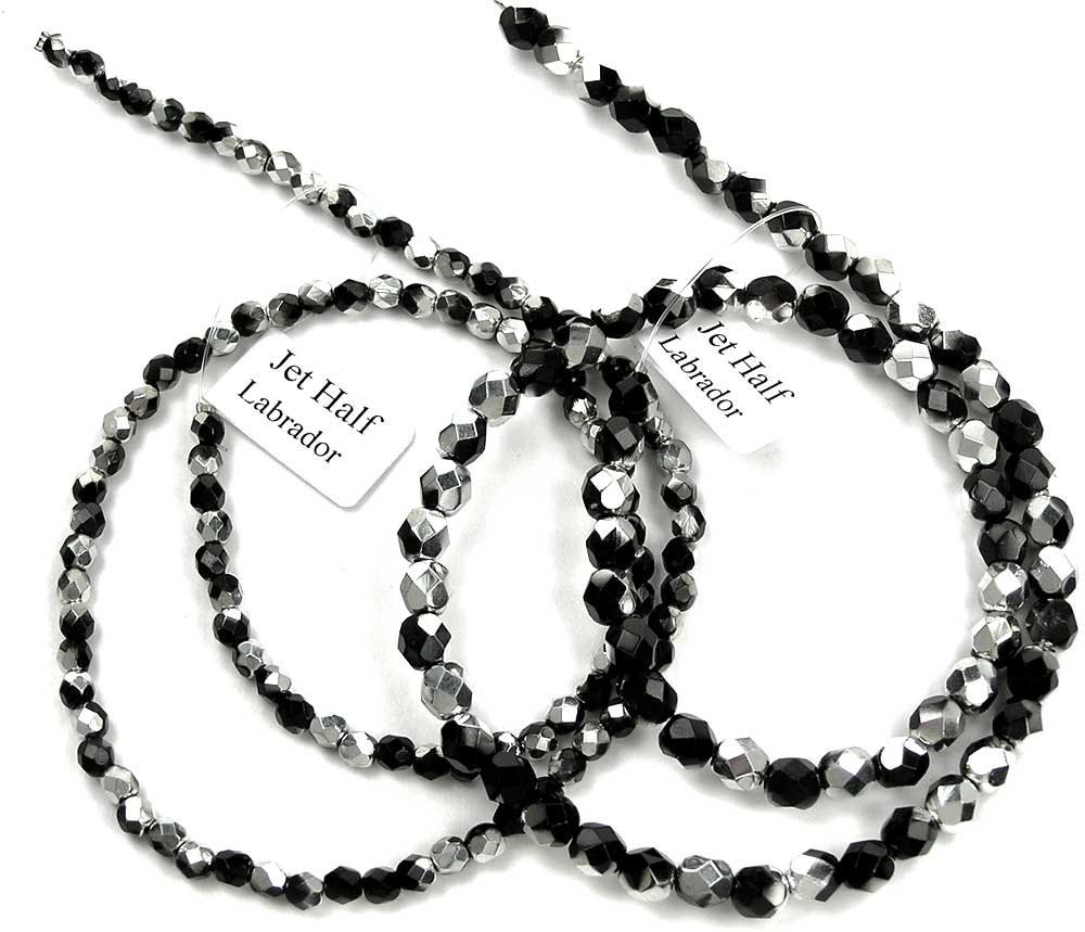 Jet Labrador (CAL) Half Silver, Czech Fire Polished Round Faceted Glass Beads, 16 in strand