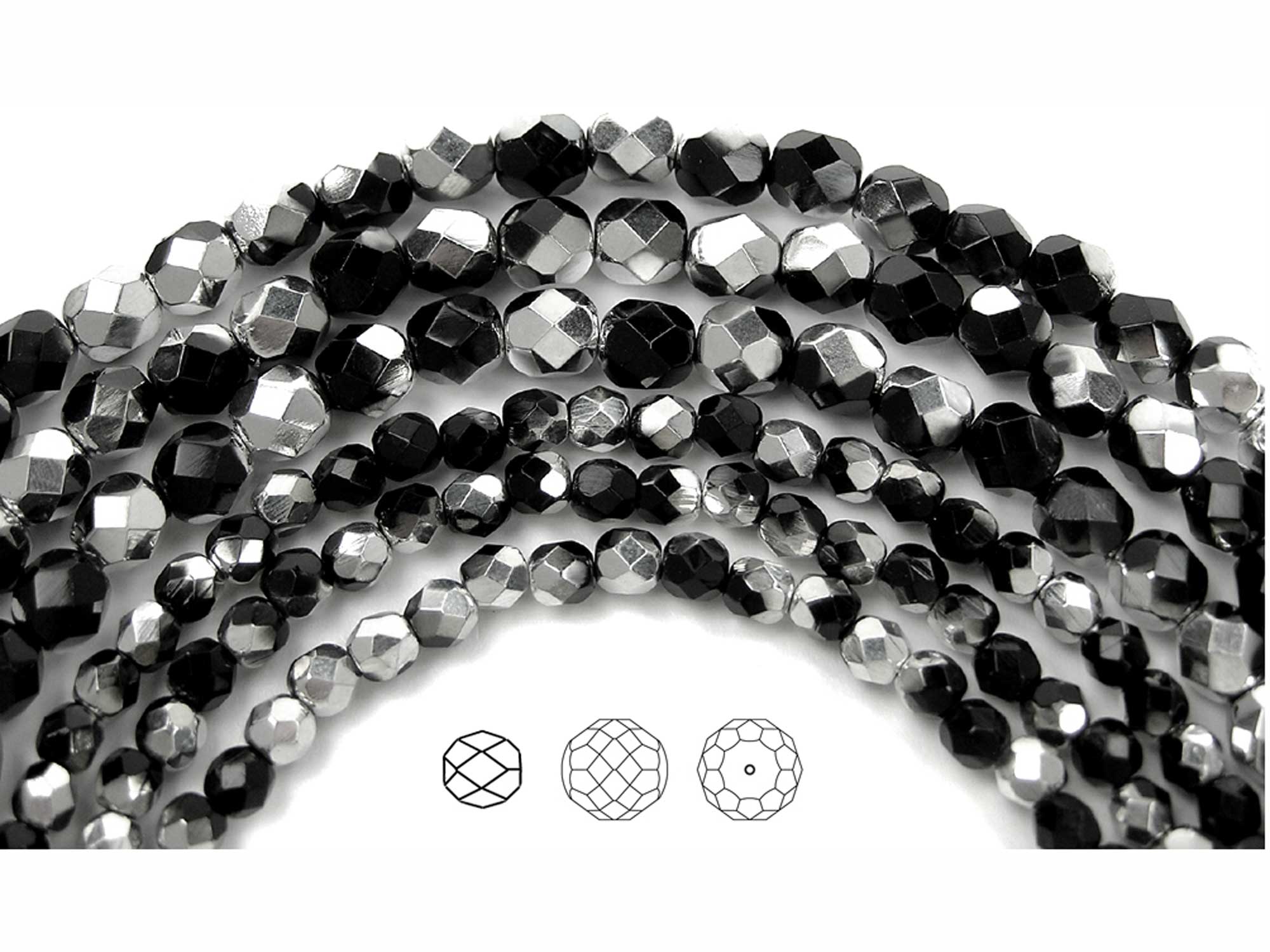 Jet Labrador (CAL) Half Silver, Czech Fire Polished Round Faceted Glass Beads, 16 in strand
