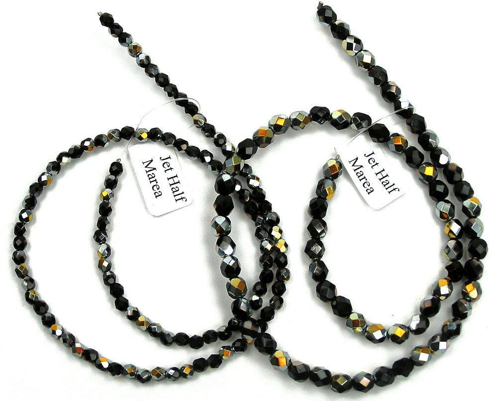 Jet Marea Half, Czech Fire Polished Round Faceted Glass Beads, 16 inch strand