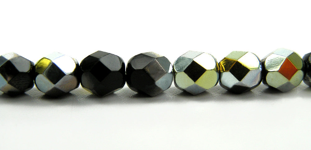 Jet Marea Half, Czech Fire Polished Round Faceted Glass Beads, 16 inch strand