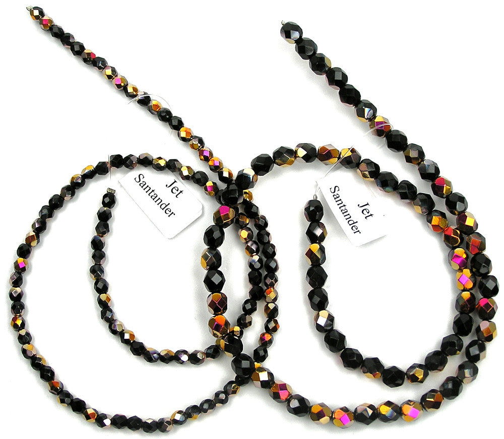 Jet Santander, Czech Fire Polished Round Faceted Glass Beads, 16 inch strand