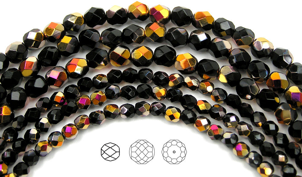 Jet Santander coated, loose Czech Fire Polished Round Faceted Glass Beads