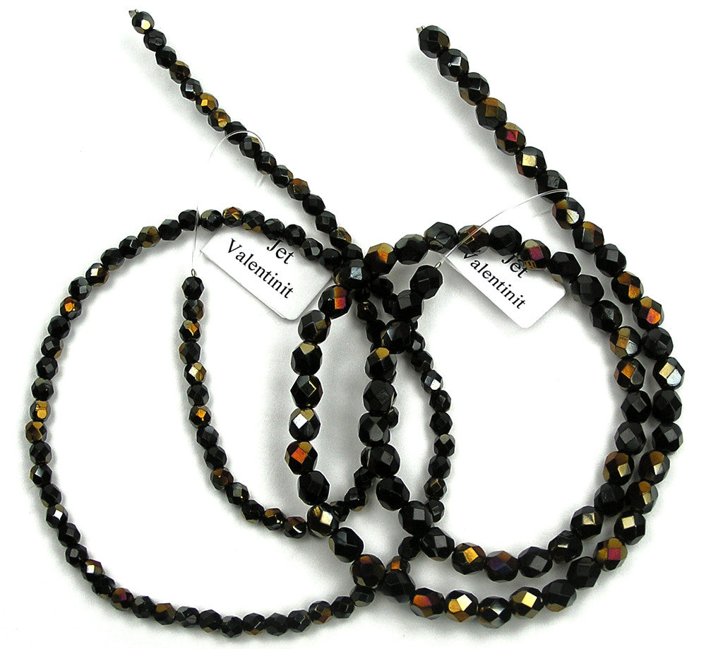 Jet Valentinite Czech Fire Polished Round Faceted Glass Beads 4mm 8mm 10mm black with half bronze iris metallic