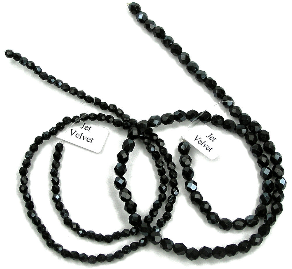 Jet Velvet, Czech Fire Polished Round Faceted Glass Beads, 16 inch strand