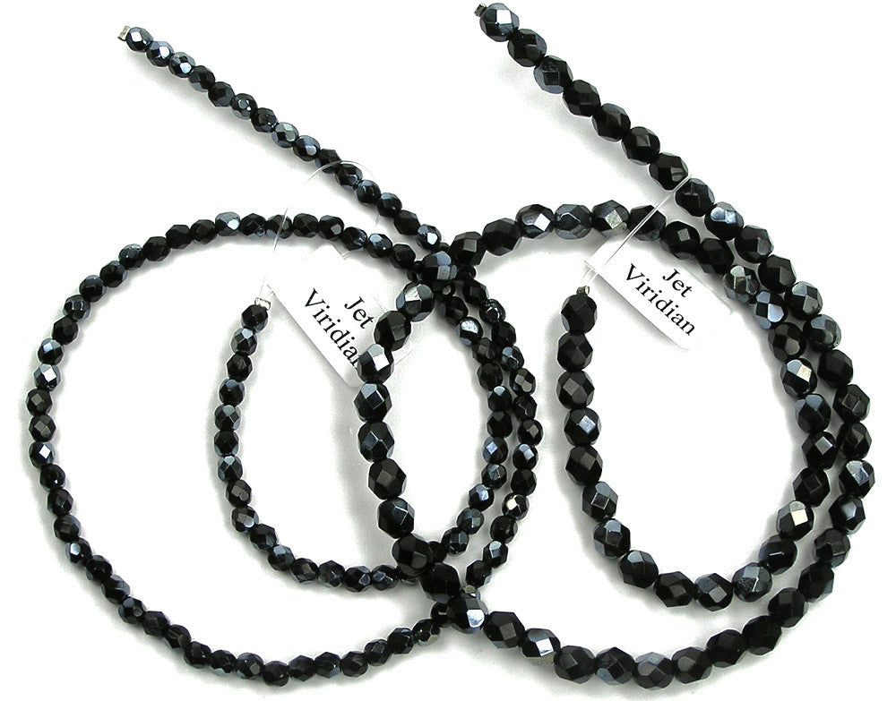 Jet Viridian, Czech Fire Polished Round Faceted Glass Beads, 16 inch strand
