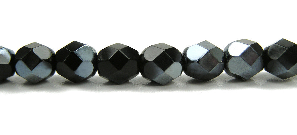 Jet Viridian, Czech Fire Polished Round Faceted Glass Beads, 16 inch strand