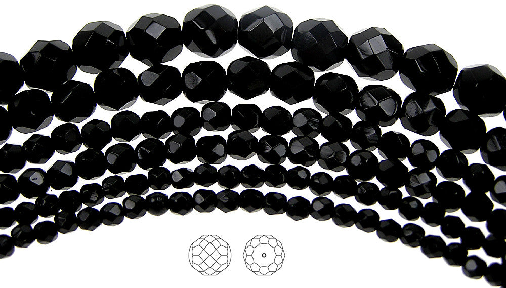 Jet, loose Czech Fire Polished Round Faceted Glass Beads, jet black