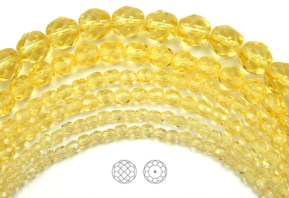 Jonquil color, loose Czech Fire Polished Round Faceted Glass Beads, yellow