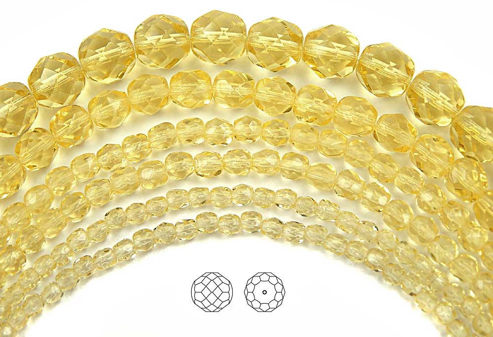 Jonquil, Czech Fire Polished Round Faceted Glass Beads, 16 inch strand
