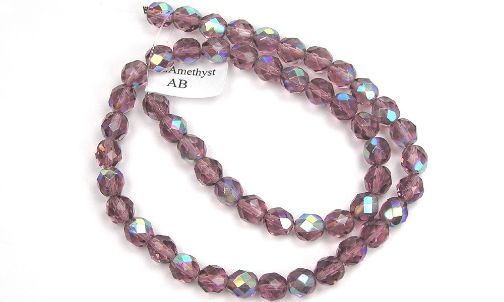 Light Amethyst AB coated, Czech Fire Polished Round Faceted Glass Beads, 16 inch strand