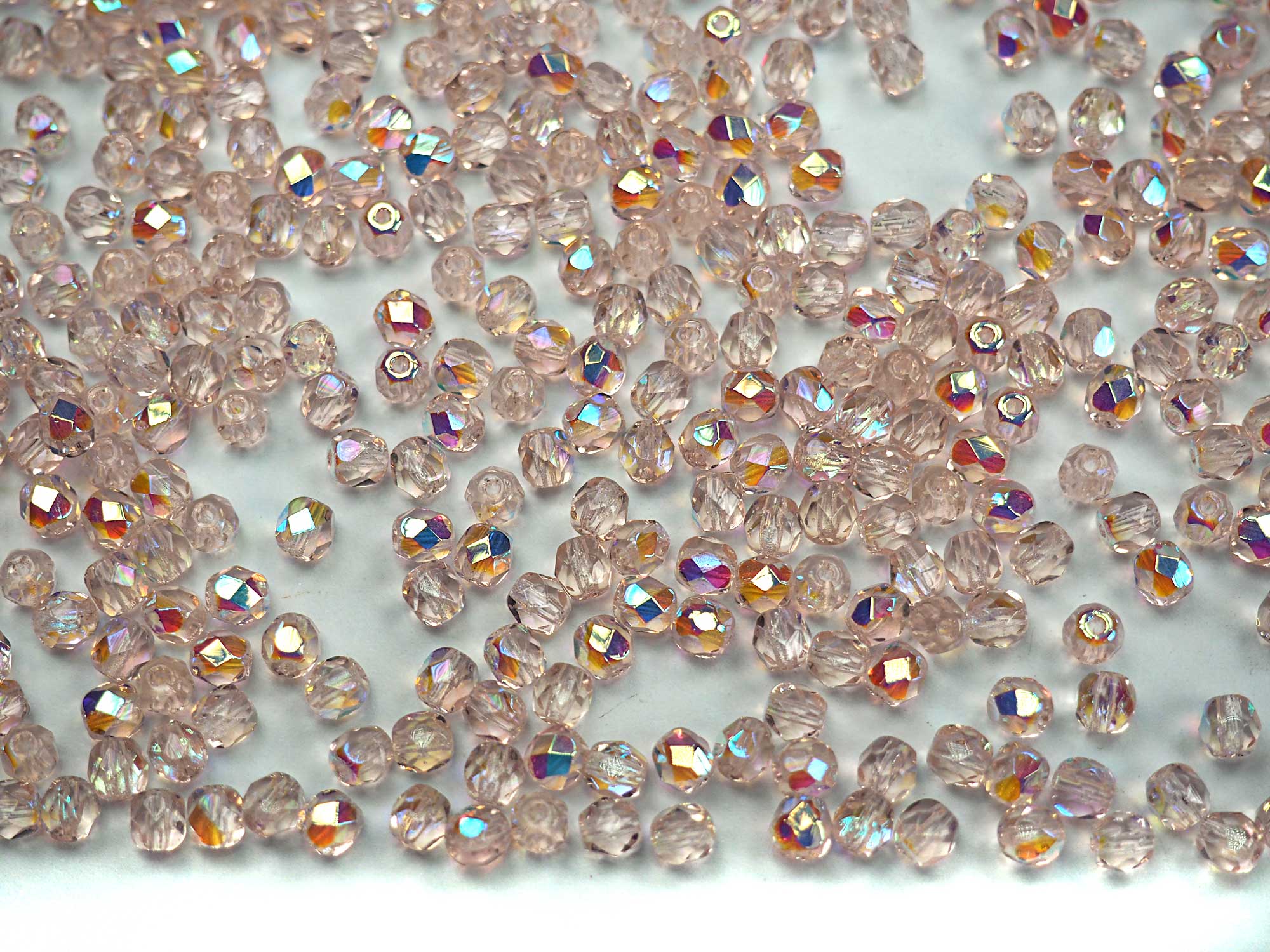 Light Rose AB, Czech Fire Polished Round Faceted Glass Beads
