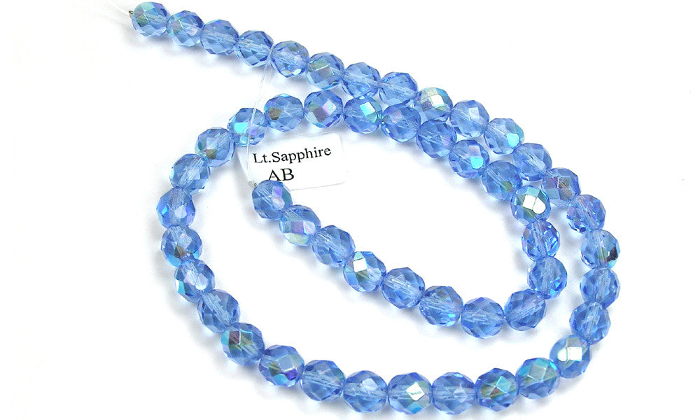 Light Sapphire AB coated, Czech Fire Polished Round Faceted Glass Beads, 16 inch strand