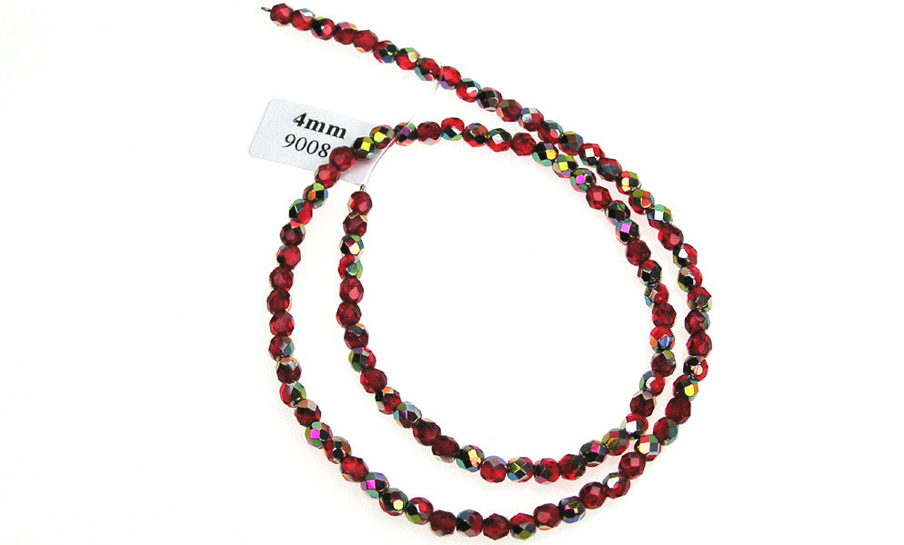 Light Siam Vitrail coated, Czech Fire Polished Round Faceted Glass Beads, 16 inch strand