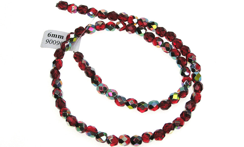 Light Siam Vitrail coated, Czech Fire Polished Round Faceted Glass Beads, 16 inch strand