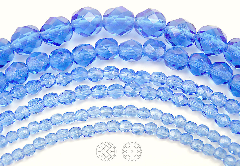 Light Sapphire, Czech Fire Polished Round Faceted Glass Beads, 16 inch strand