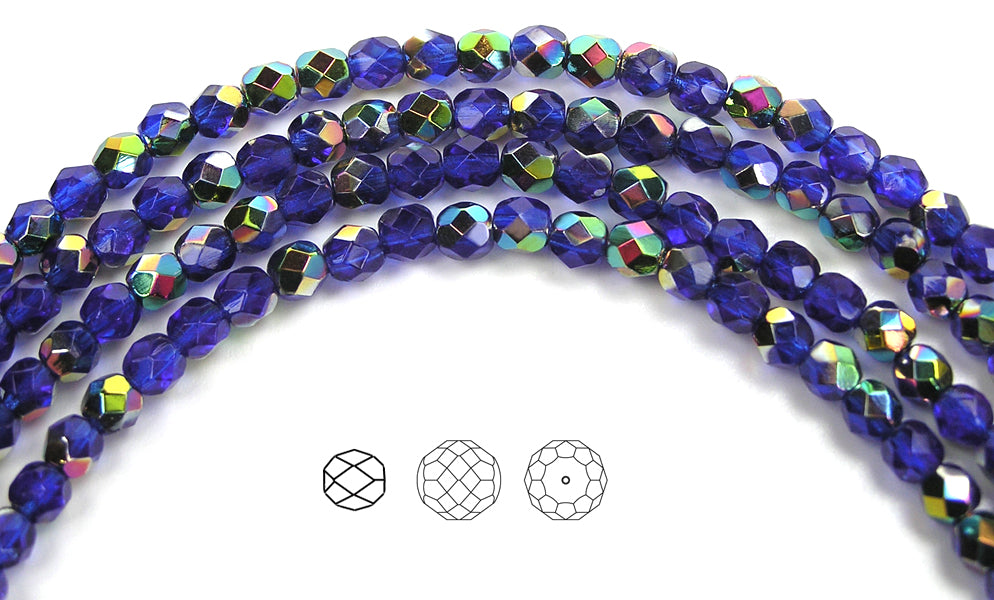 Light Cobalt Blue VITRAIL coated, Czech Fire Polished Round Faceted Glass Beads, 16 inch strand, 4mm 102pcs