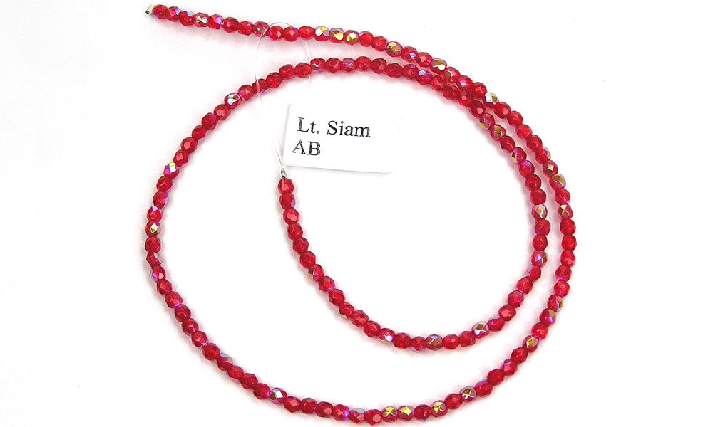 Light Siam AB coated, Czech Fire Polished Round Faceted Glass Beads, 16 inch strand or loose