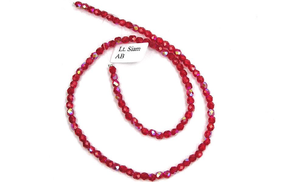 Light Siam AB coated, Czech Fire Polished Round Faceted Glass Beads, 16 inch strand or loose