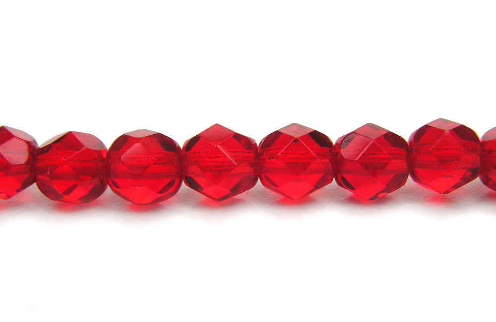 Light Siam, Czech Fire Polished Round Faceted Glass Beads, 16 inch strand, light red