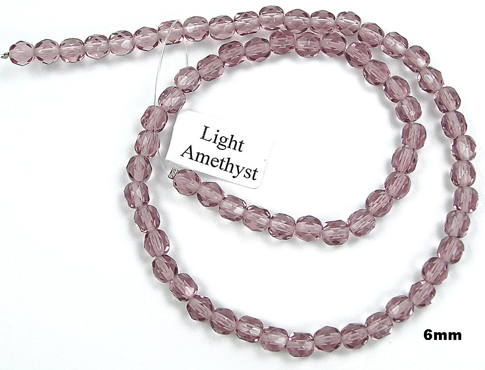 Light Amethyst, Czech Fire Polished Round Faceted Glass Beads, 16 inch strand
