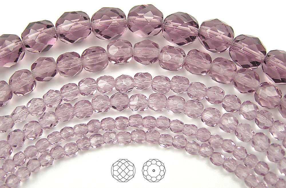 Light Amethyst color, loose Czech Fire Polished Round Faceted Glass Beads, purple
