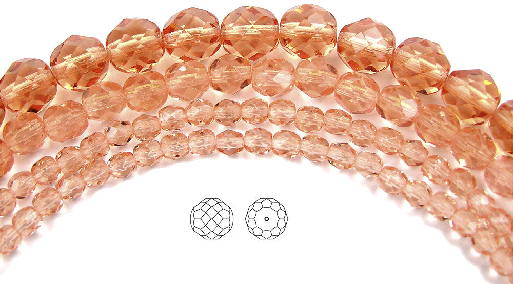 Light Peach, Peach Rosaline, Czech Fire Polished Round Faceted Glass Beads, strands