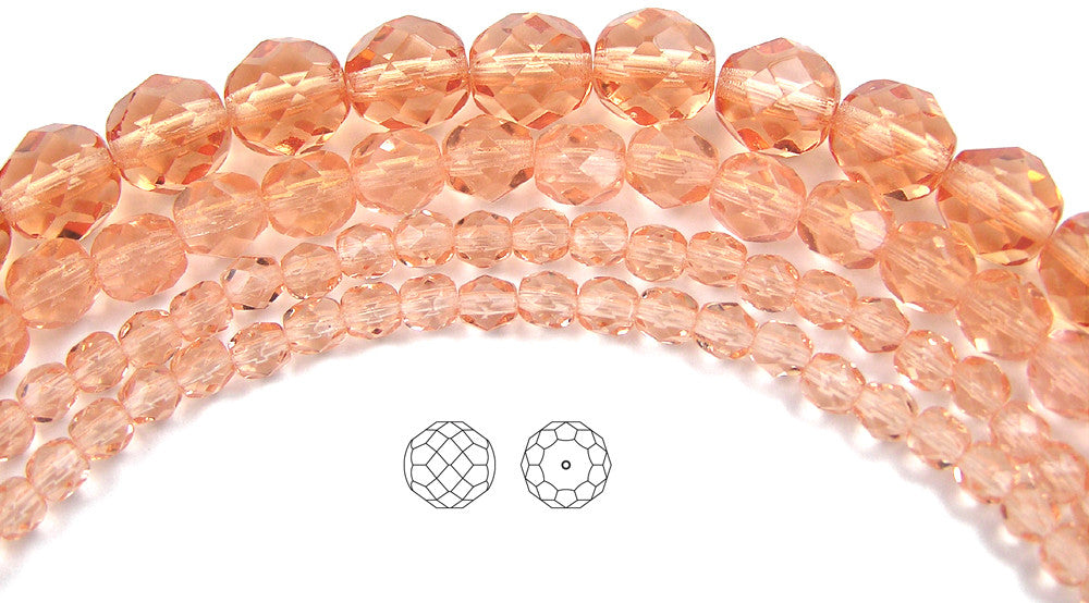 Light Peach color, loose Czech Fire Polished Round Faceted Glass Beads, peach pink