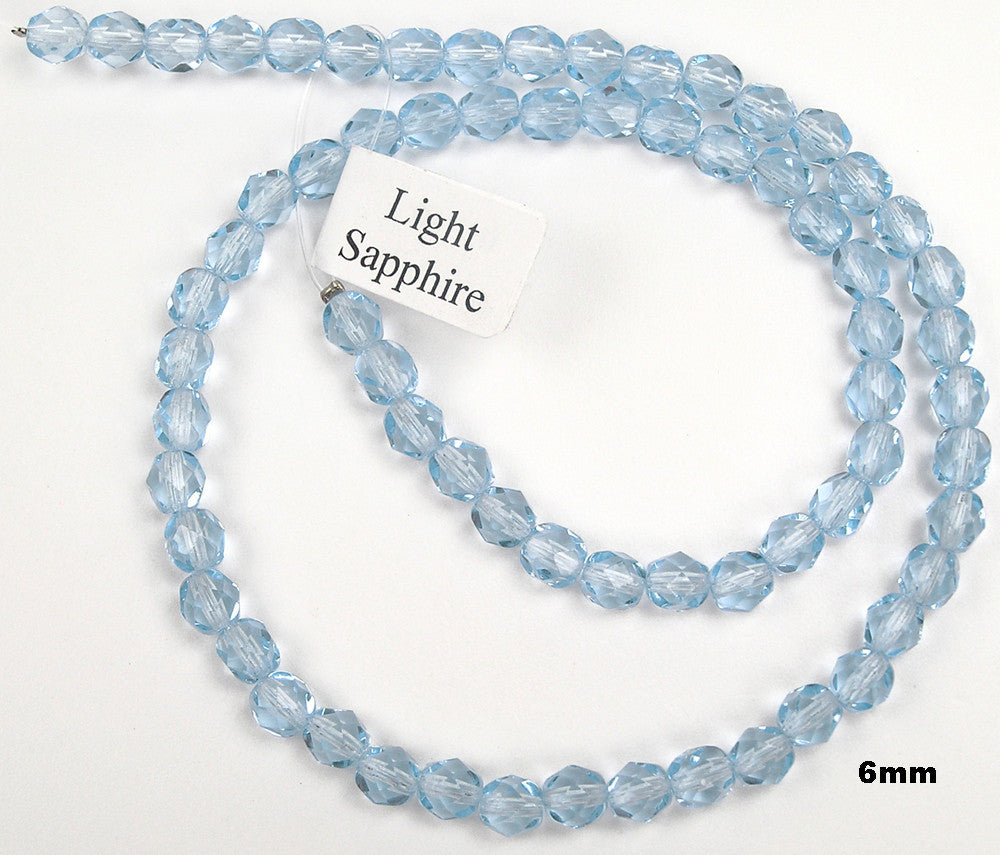 Light Sapphire, Czech Fire Polished Round Faceted Glass Beads, 16 inch strand