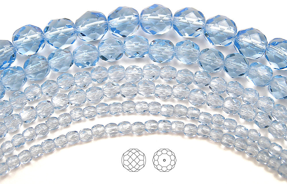 Light Sapphire color, loose Czech Fire Polished Round Faceted Glass Beads, blue