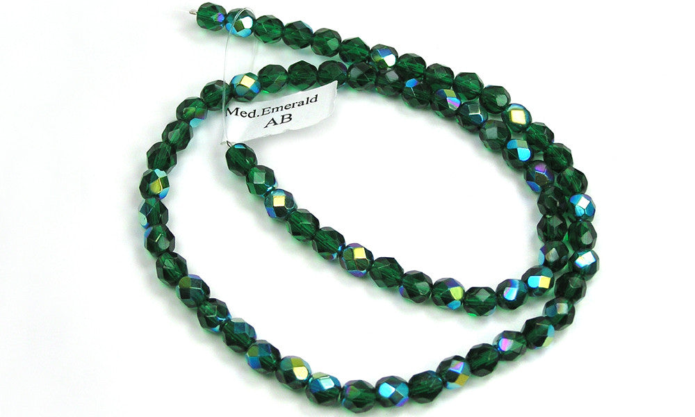 Medium Emerald AB coated Czech Fire Polished Round Faceted Glass Beads 16 inch strand 3mm 4mm 6mm 8mm