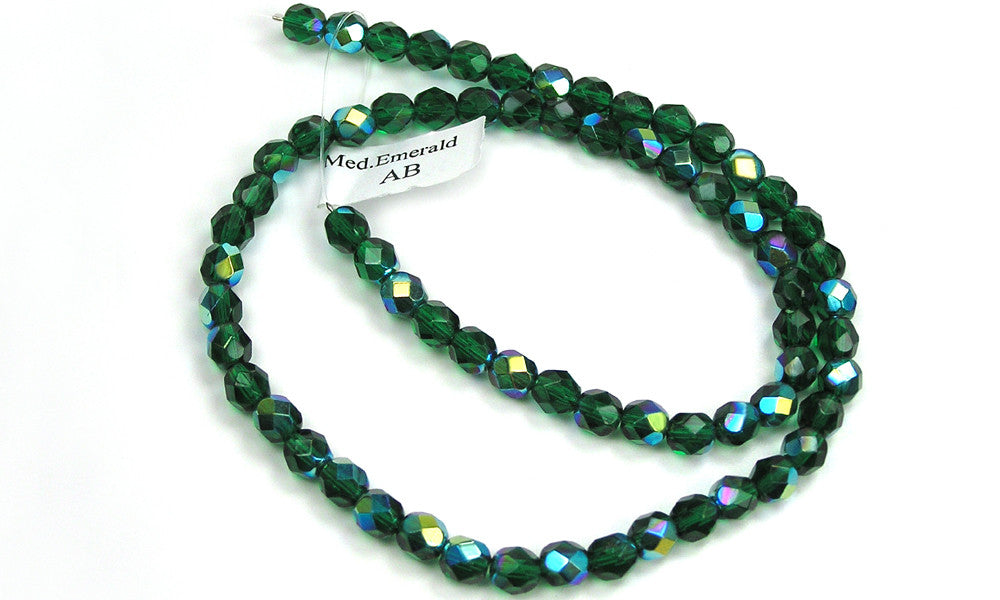 Medium Emerald AB coated, Czech Fire Polished Round Faceted Glass Beads, 16 inch strand