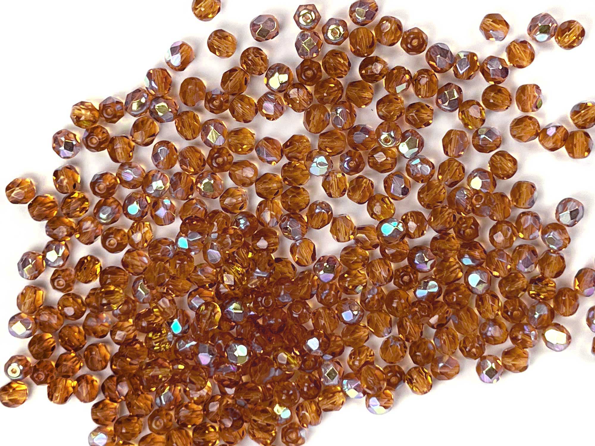 Medium Topaz AB coated, loose Czech Fire Polished Round Faceted Glass Beads, Brown with AB, 6mm 300pcs