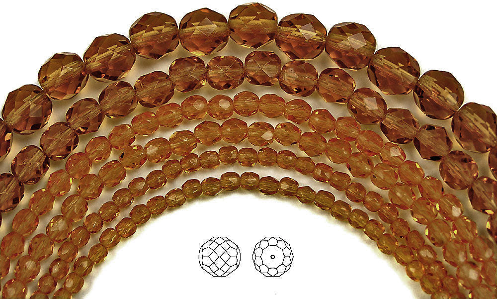 Medium Topaz, loose Czech Fire Polished Round Faceted Glass Beads, Brown, 3mm, 4mm, 6mm