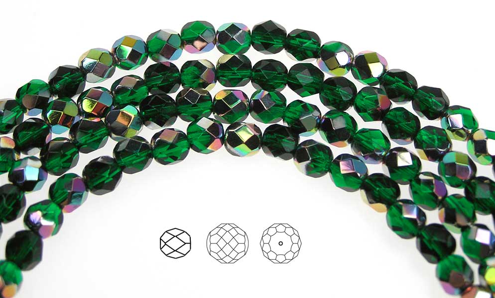 Medium Emerald Vitrail coated, Czech Fire Polished Round Faceted Glass Beads, 16 inch strand