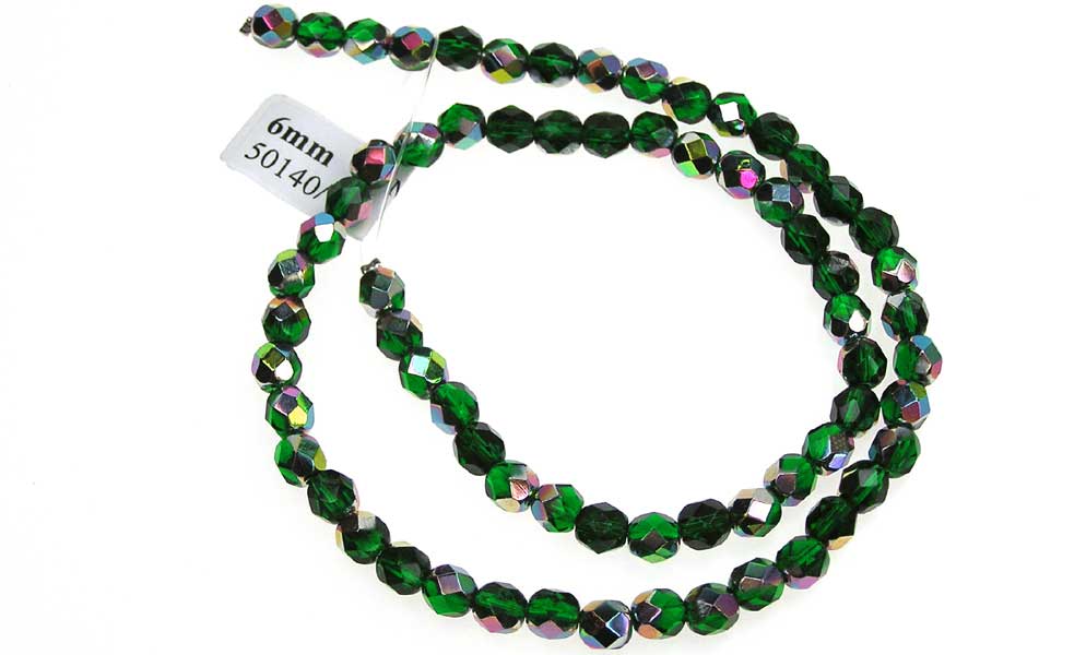 Medium Emerald Vitrail coated, Czech Fire Polished Round Faceted Glass Beads, 16 inch strand