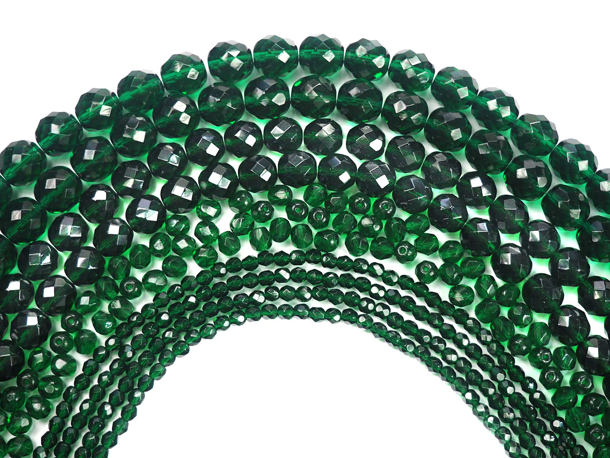 Medium Emerald green, Czech Fire Polished Round Faceted Glass Beads, 16 inch strand