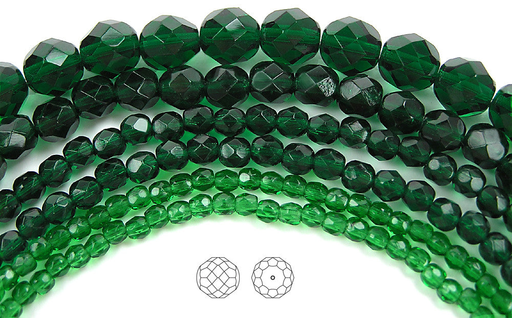 Medium Emerald, loose Czech Fire Polished Round Faceted Glass Beads, green, 3mm, 4mm, 6mm, 8mm