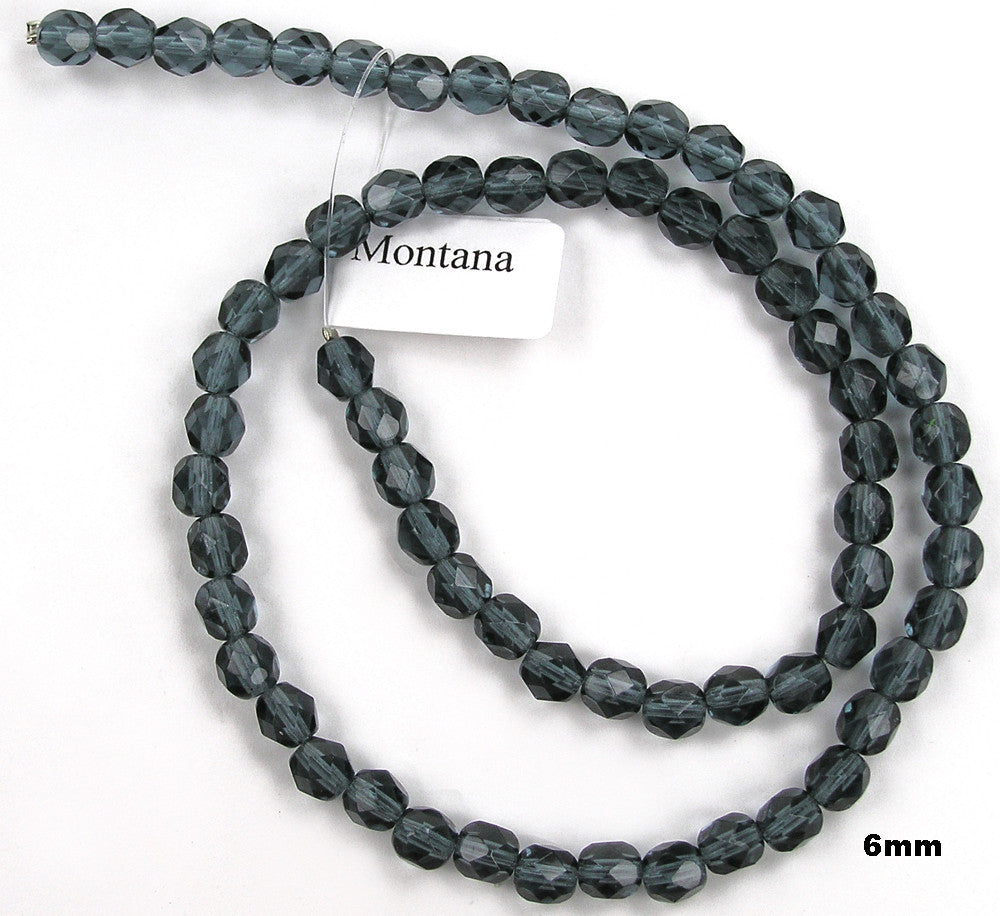 Montana, Czech Fire Polished Round Faceted Glass Beads, 16 inch strand, silvery blue