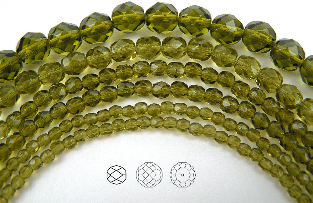 Olivine, Czech Fire Polished Round Faceted Glass Beads, 16 inch strand, olive green
