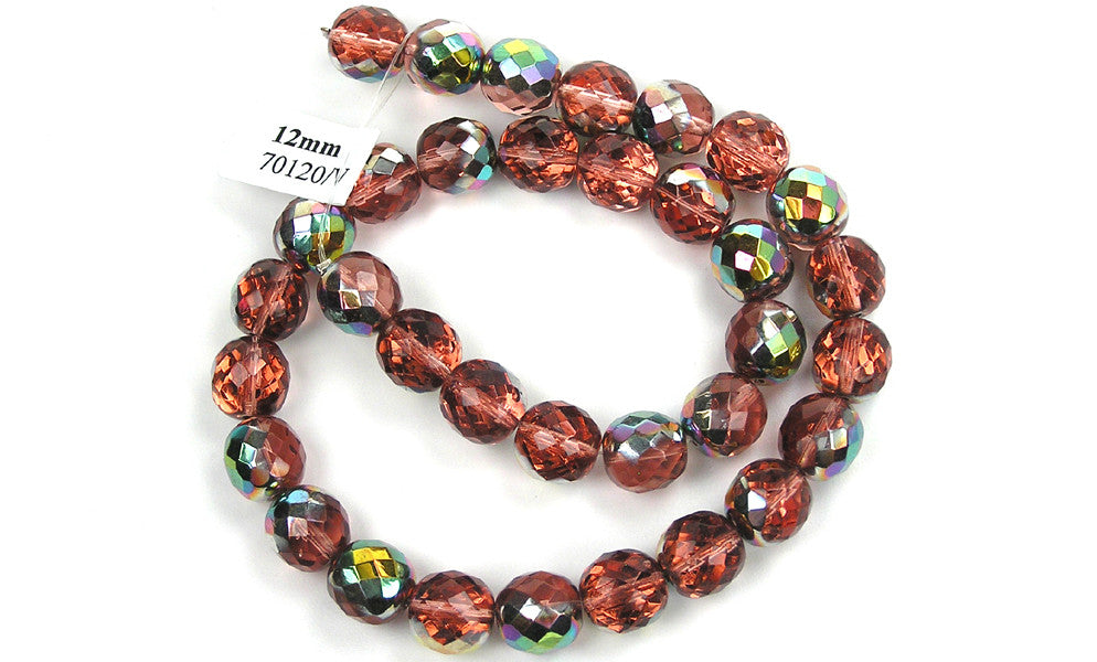 Peach Rosaline Vitrail coated, Czech Fire Polished Round Faceted Glass Beads, 16 inch strand, 12mm